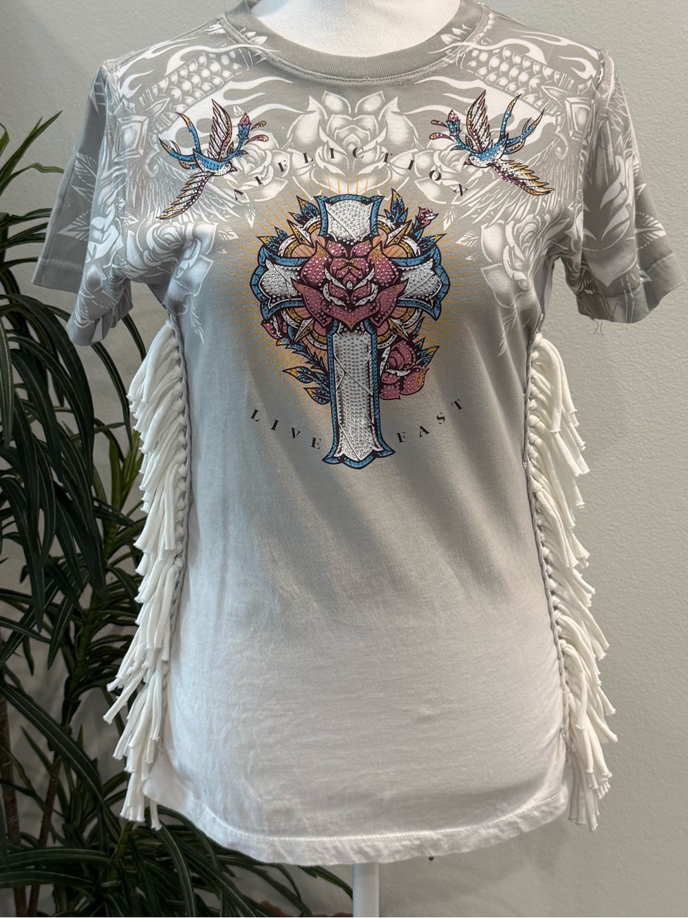 Affliction Black Label Graphic T-Shirt Rhinestone Bling Cross with Fringe Detail